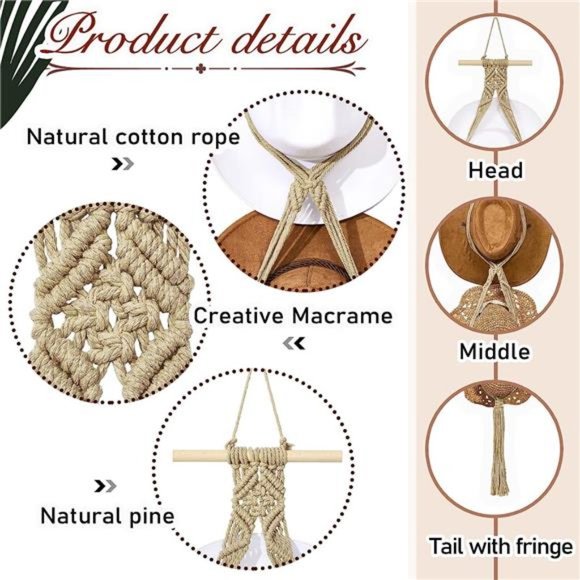 Macrame Hat Hangers Boho for Wall Bohemian Women Rack Organizer Hanging Display - Picture 2 of 6